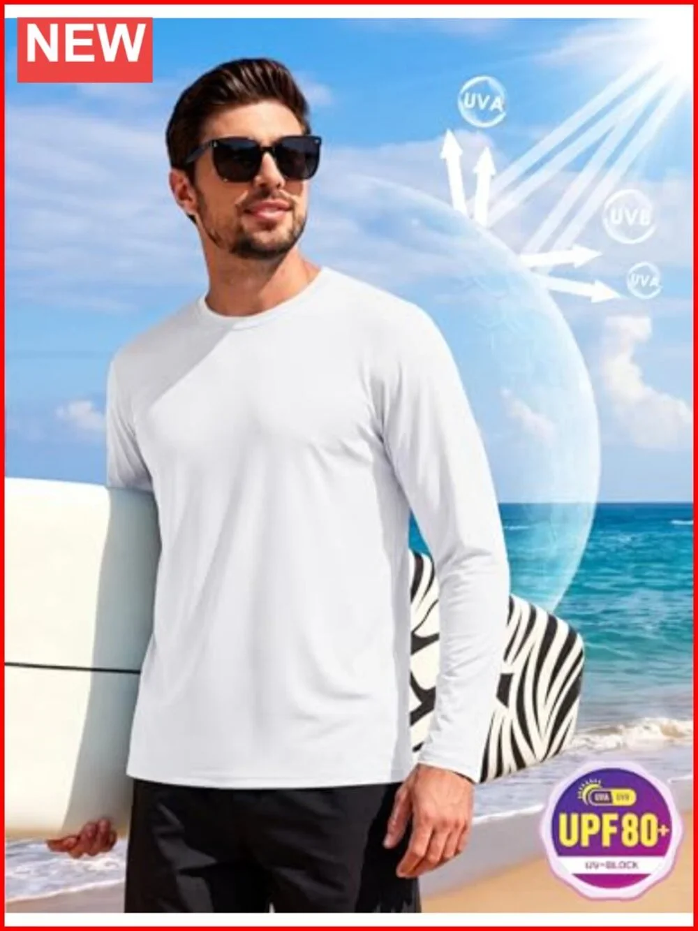 Men's UPF 80+ Rash Guard Sun Shirt Long Sleeve UV Protection Quick Dry Swim Tee